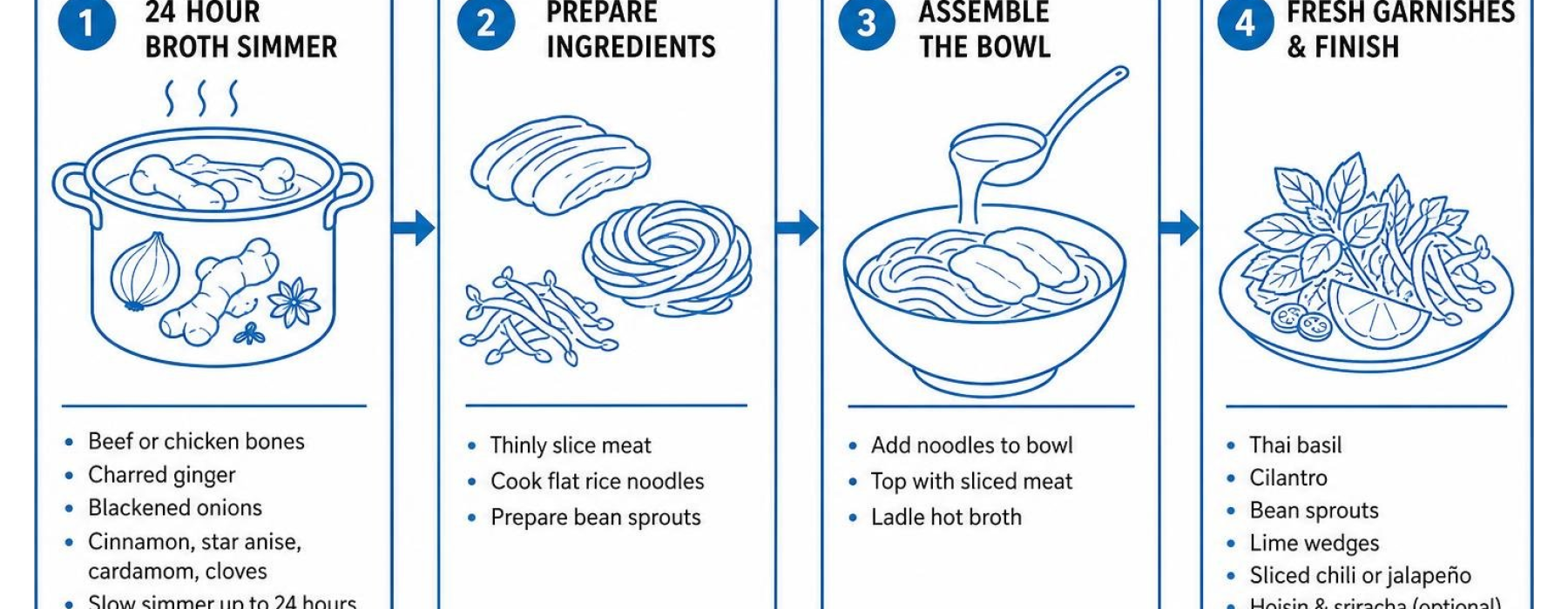 diagram showing the pho process from 24 hour broth simmer to noodle assembly and fresh garnishes