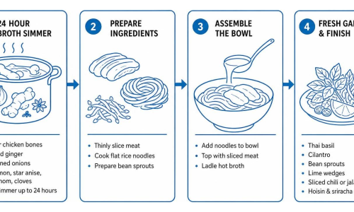 diagram showing the pho process from 24 hour broth simmer to noodle assembly and fresh garnishes