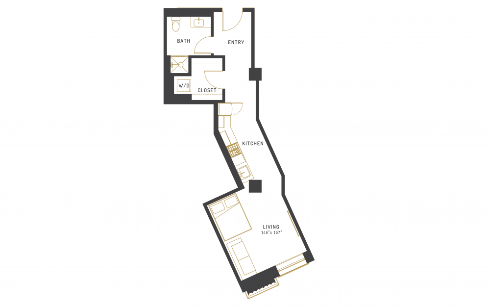 A10 - Studio floorplan layout with 1 bath and 538 square feet.