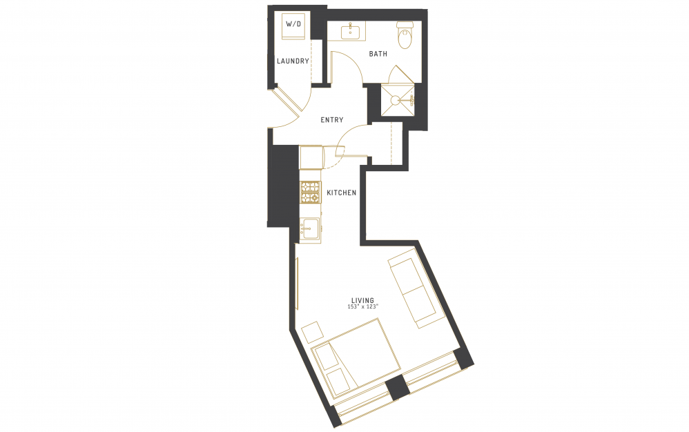 A11 - Studio floorplan layout with 1 bath and 373 square feet.