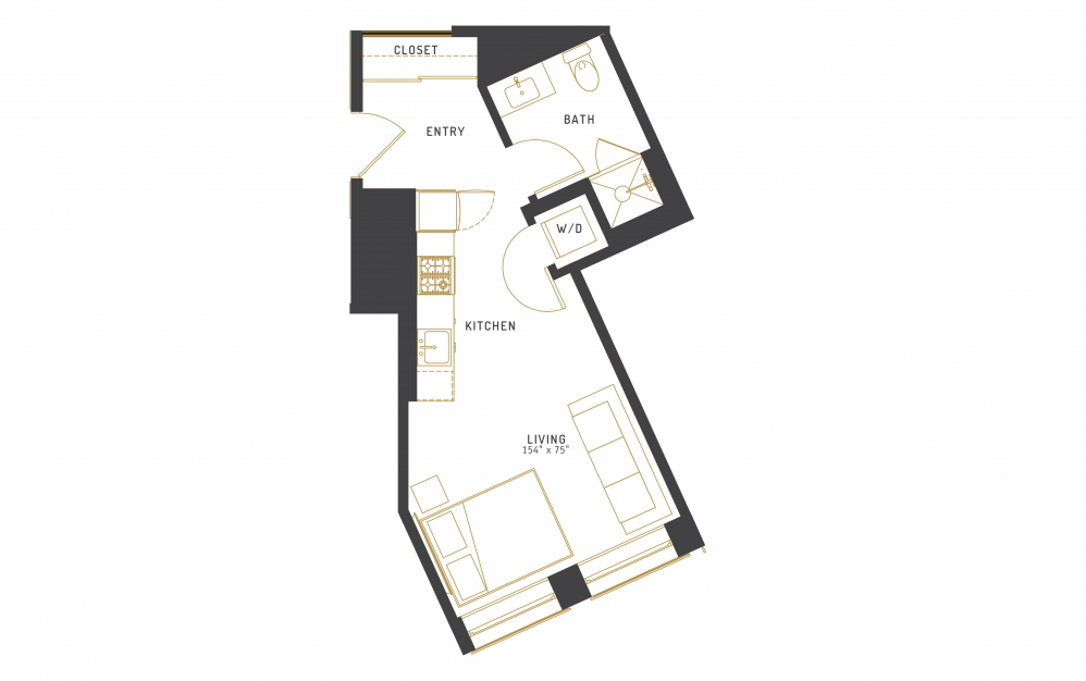 A12 - Studio floorplan layout with 1 bath and 408 square feet.