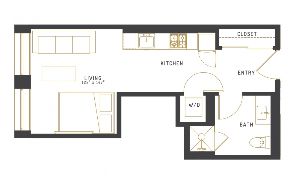 A13 - Studio floorplan layout with 1 bath and 386 square feet.