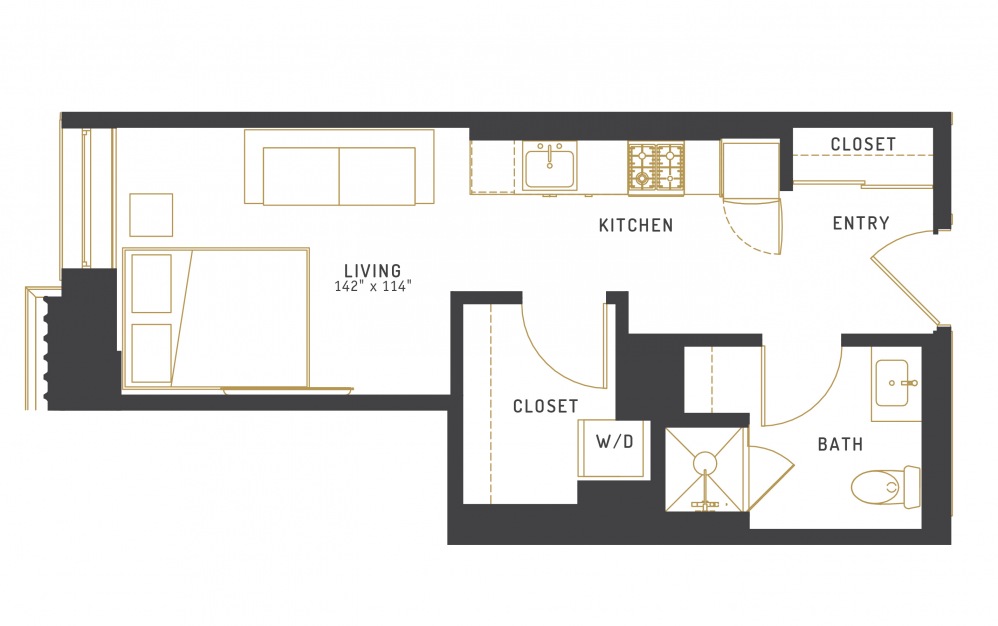 A14 - Studio floorplan layout with 1 bath and 388 square feet.