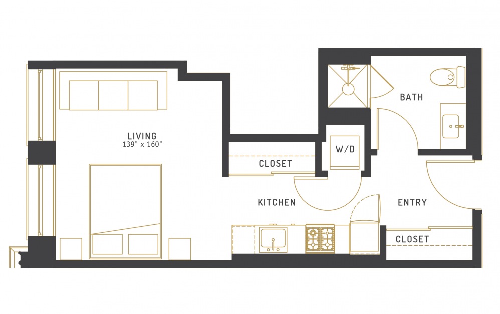 A15 - Studio floorplan layout with 1 bath and 410 square feet.