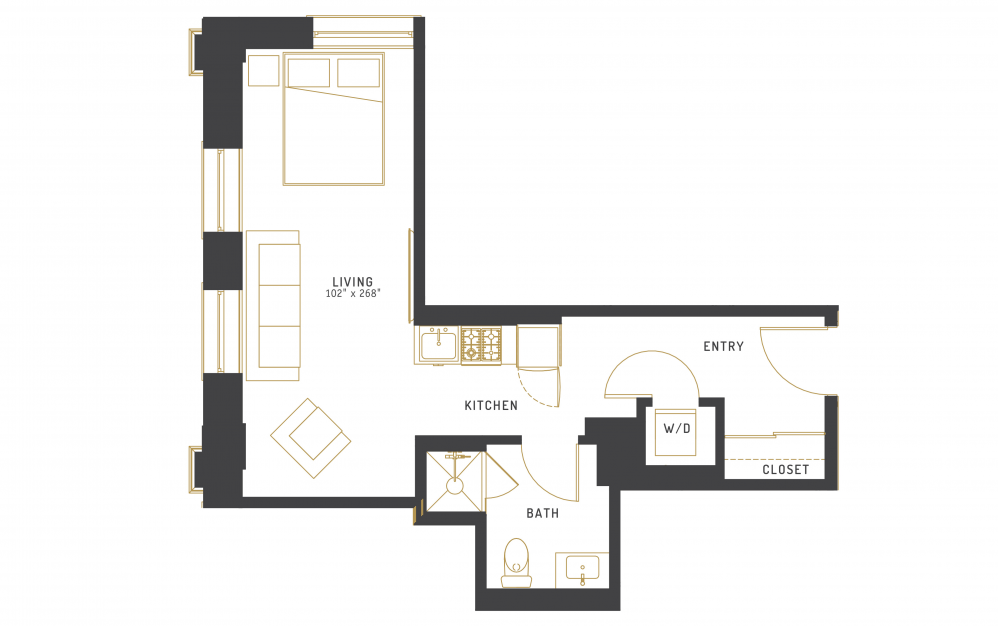 A16 - Studio floorplan layout with 1 bath and 475 square feet.