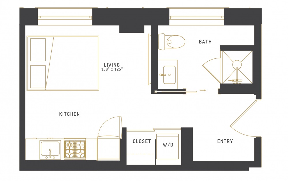 A17 - Studio floorplan layout with 1 bath and 313 square feet.