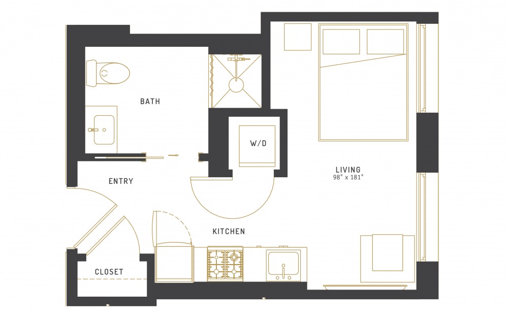 A18 - Studio floorplan layout with 1 bath and 305 square feet.