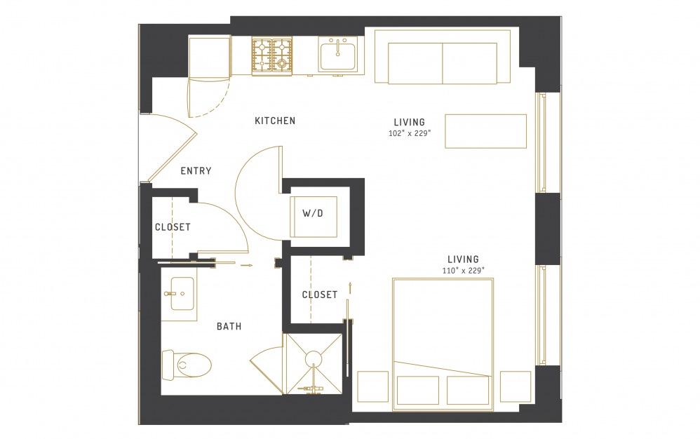 A19 - Studio floorplan layout with 1 bath and 408 square feet.