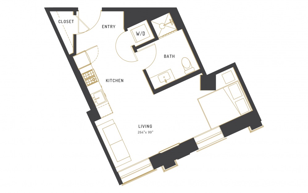 A2 - Studio floorplan layout with 1 bath and 474 square feet.