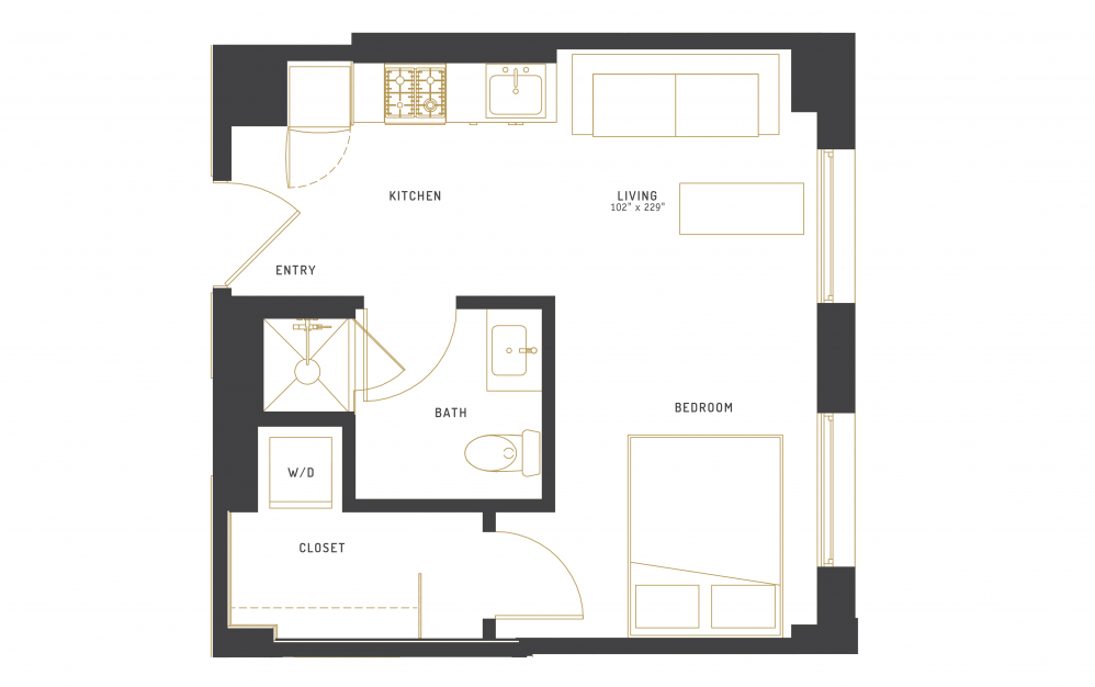 A20 - Studio floorplan layout with 1 bath and 408 square feet.