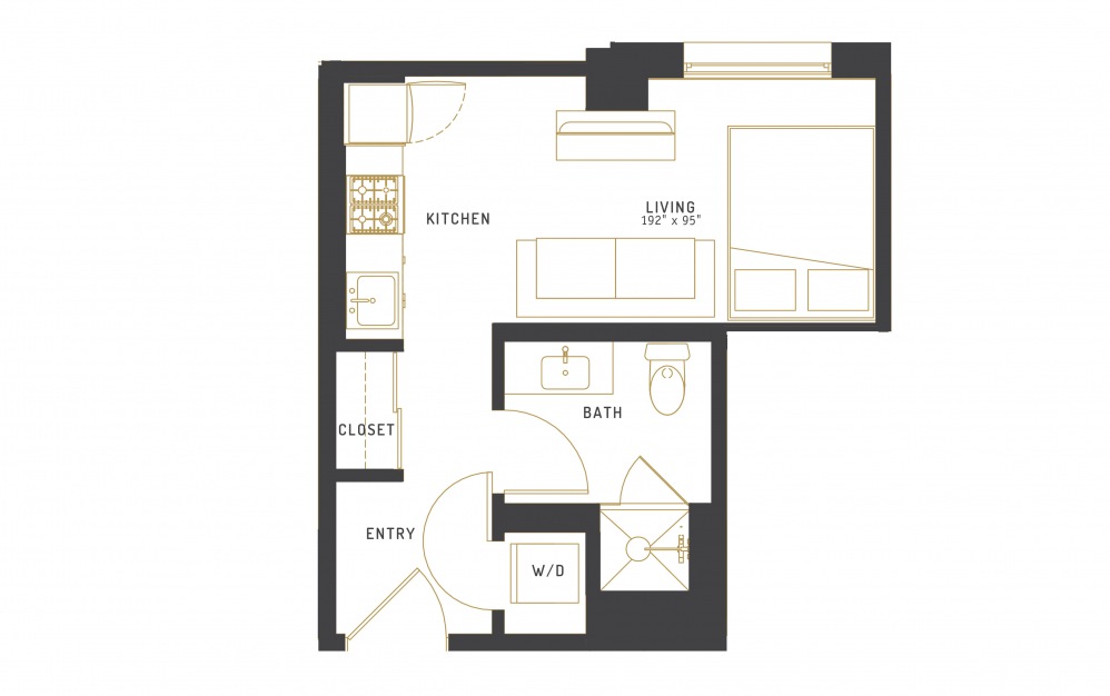 A21 - Studio floorplan layout with 1 bath and 322 square feet.