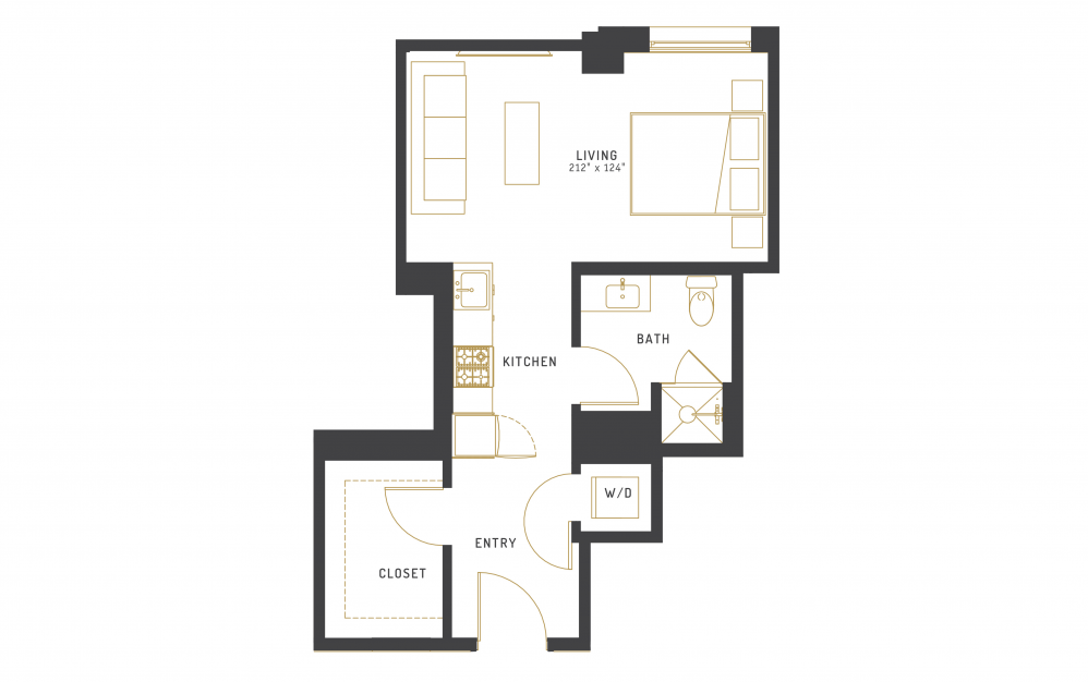 A22 - Studio floorplan layout with 1 bath and 423 square feet.