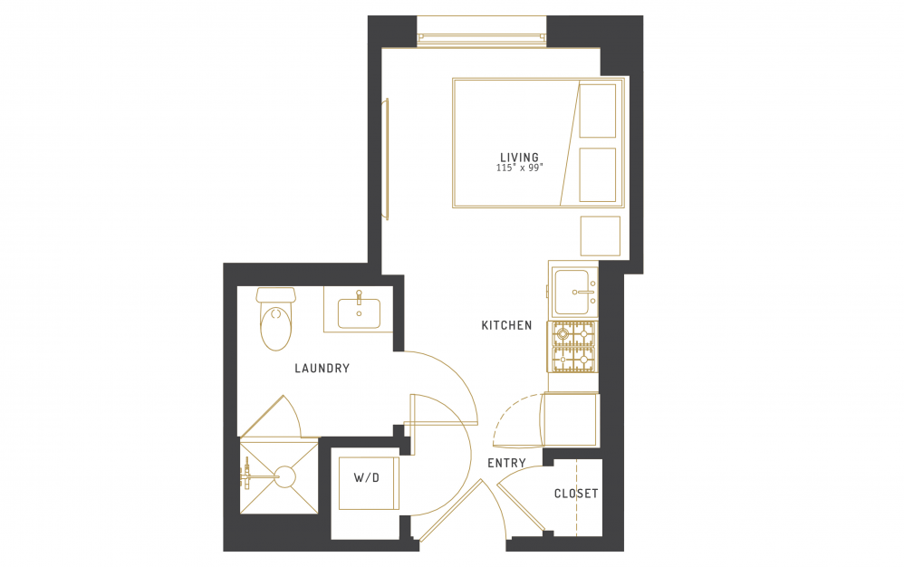 A23 - Studio floorplan layout with 1 bath and 258 square feet.