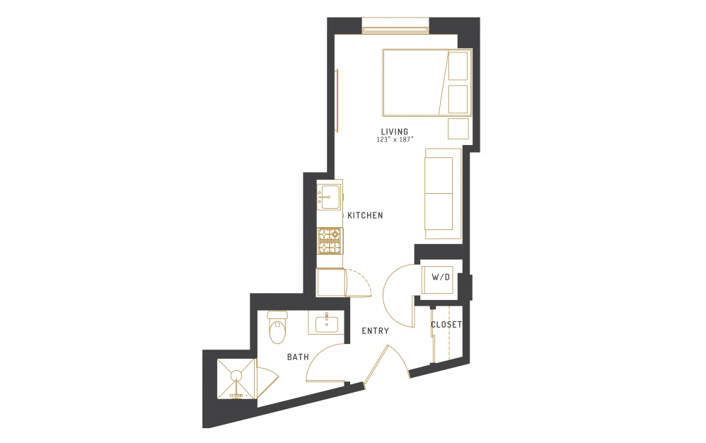 A24 - Studio floorplan layout with 1 bath and 350 square feet.
