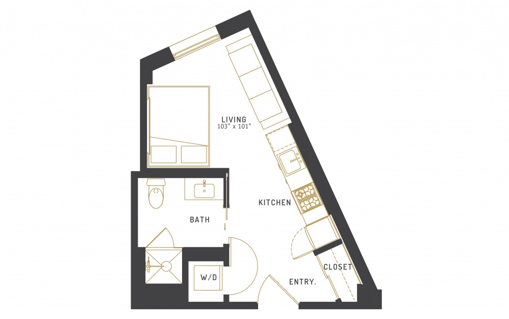 A25 - Studio floorplan layout with 1 bath and 332 square feet.