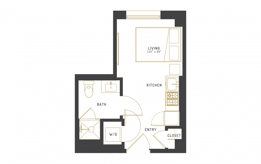 A26 - Studio floorplan layout with 1 bath and 266 square feet.
