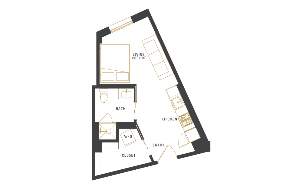 A28 - Studio floorplan layout with 1 bath and 376 square feet.