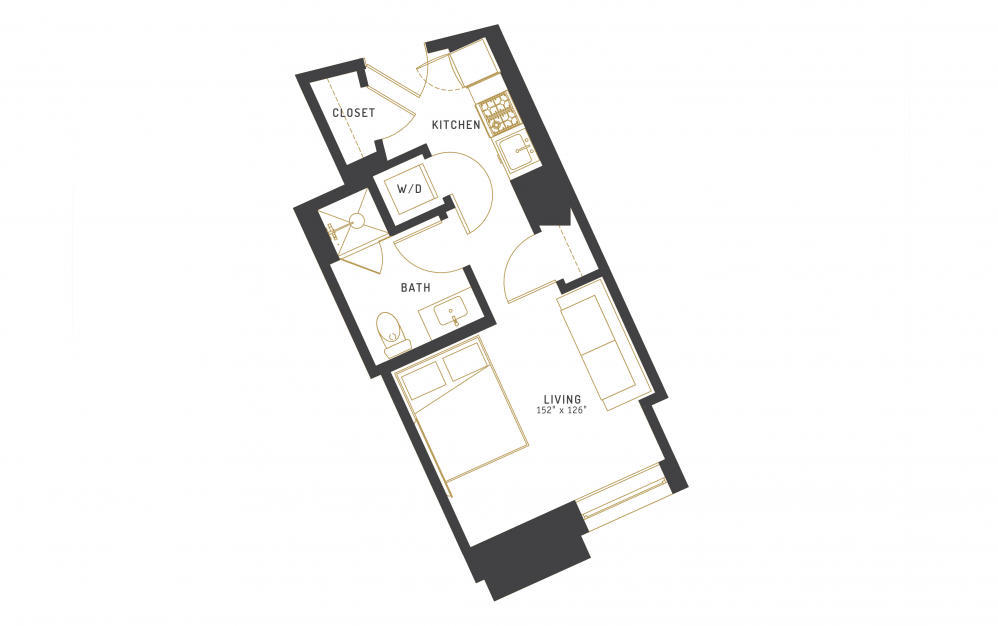 A3 - Studio floorplan layout with 1 bath and 356 square feet.