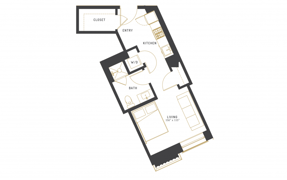 A4 - Studio floorplan layout with 1 bath and 407 square feet.