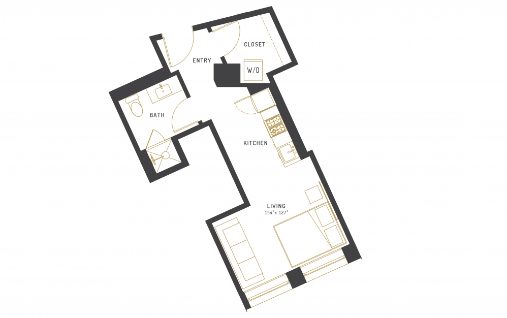 A5 - Studio floorplan layout with 1 bath and 394 square feet.