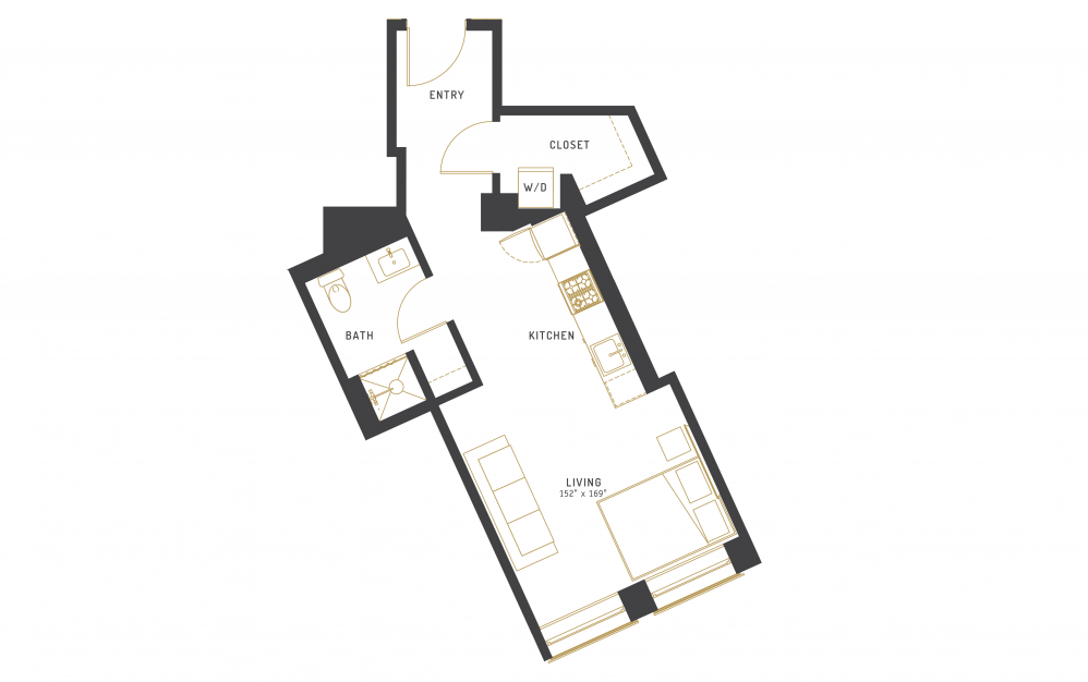A6 - Studio floorplan layout with 1 bath and 538 square feet.