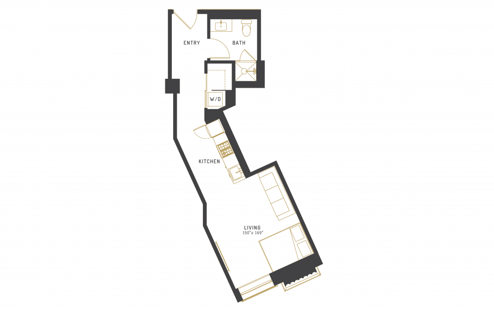 A8 - Studio floorplan layout with 1 bath and 538 square feet.