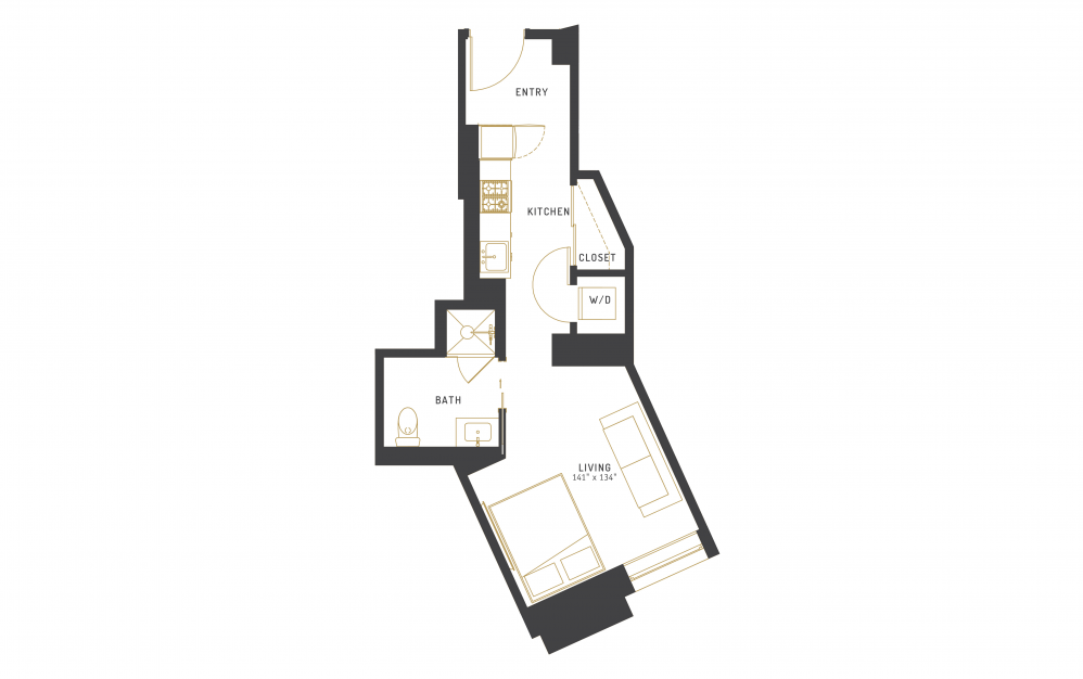A9 - Studio floorplan layout with 1 bath and 394 square feet.