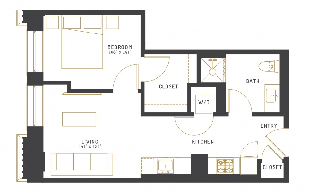 C3 - 1 bedroom floorplan layout with 1 bath and 538 square feet.