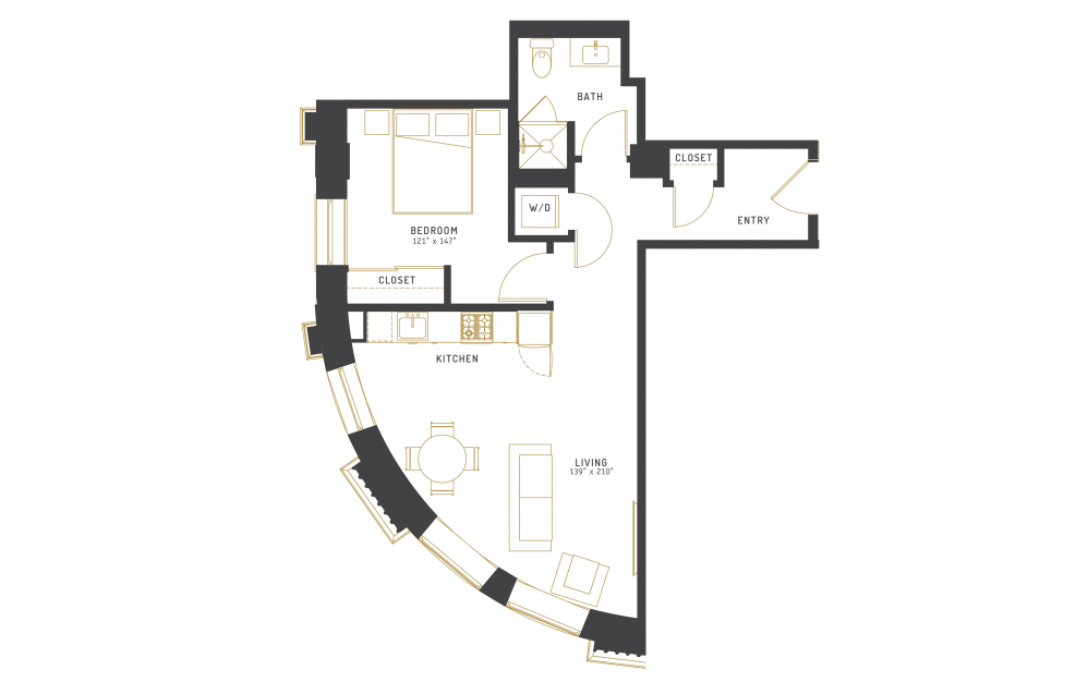 C5 - 1 bedroom floorplan layout with 1 bath and 671 square feet.